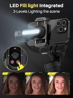 Professional Gimbal Stabilizer for Smartphone,Built-in 18CM Extension Rod and Powerful Fill Light,360°Inception,Face&Object Tracking Stabilizer,3-Axis Gimbal for iPhone& Android-Smart S2