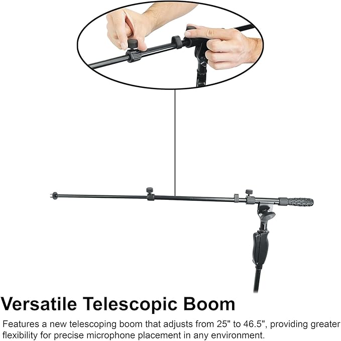 Rockville RVMIC3 V2 Portable Adjustable Tripod Boom Mic Stand for Singers & Musicians, Quick Release Clutch, Sturdy All-Metal, 25"-46.5" Telescopic Boom, Foldable, 6.7 lbs