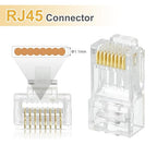 MECCANIXITY 100pcs Cat6 RJ45 Pass Through Connectors, RJ45 Connector 8P8C Gold Plated Plugs with 100pcs Blue Strain Relief Boots for Solid or Stranded UTP Ethernet Cable, 1.1mm