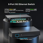 8 Ports 5Gb Unmanaged Ethernet Switch with 8*5G Base-T Ports. GiGaPlus 5Gbps Network Switch for 5Gbe NAS/PC, 5Gbps Adapter/NIC, WiFi7 Router, Desktop/19-inch Rack Mount