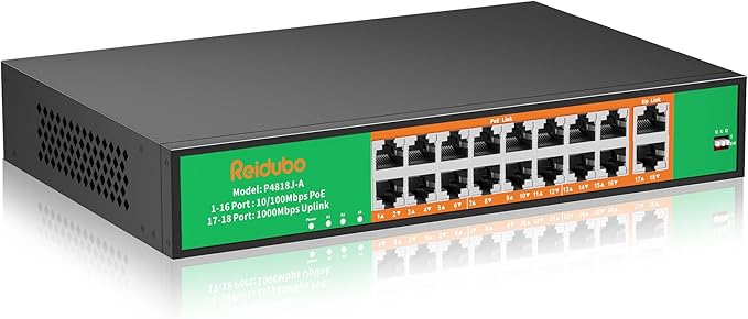 16 Port PoE Switch, 16 PoE+ 100Mbps Ports with 2 Gigabit Uplink, 300W Built-in Power, Support IEEE802.3af/at, Fanless, Rack Mount, Unmanaged Plug and Play Network Switch