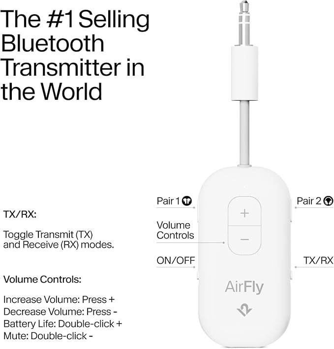 AirFly Pro 2 – Bluetooth Adapter for Airplane, Pair 2 AirPods or Wireless Headphones – 3.5mm AUX Bluetooth Transmitter and Receiver for Cars, Boats, Treadmills, TVs & More – Airplane Travel Essentials