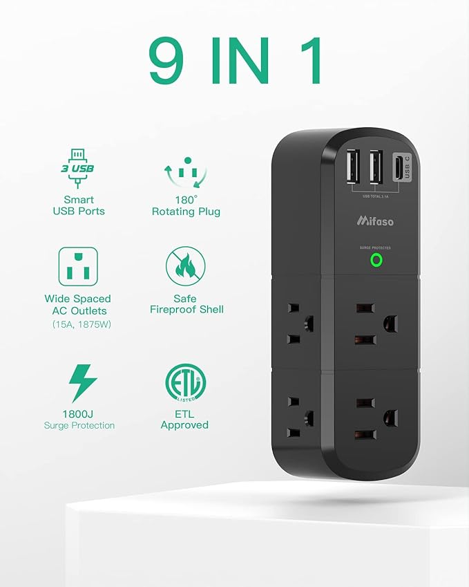 Surge Protector USB Outlet Extender with Rotating Plug, 6 AC Multi Plug Outlet and 3 USB Ports (1 USB C), 3-Sided Swivel Power Strip Outlet Splitter for Home, Dorm Room Essentials (2 Pack)