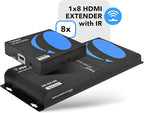 OREI 1080P 1x8 HDMI over Ethernet Extender Splitter CAT6/7 Over Cable Full HD with IR Remote EDID Management - Up to 400 Ft - Low Latency - Full Support, 1x8 upto 395 FT (HD-EX108)
