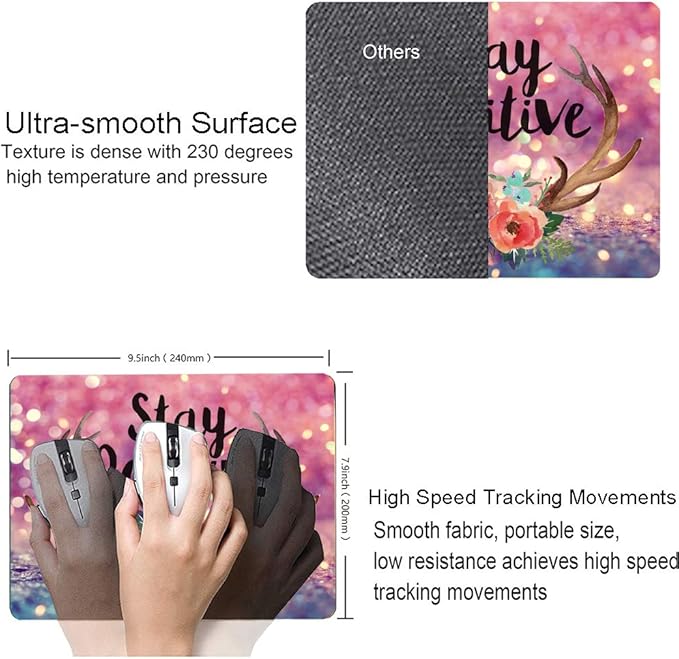 Inspirational Quote Mouse Pad - Purple Glitter, Square Waterproof, Non-Slip Rubber Base for Office Laptop, 9.5"x7.9"x0.12" Inch (Stay Positive)