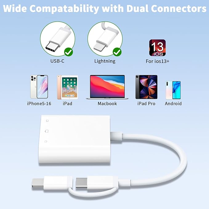 Lightning and USB C SD Card Reader for iPhone iPad Mac Android Phone Laptop, 3 in 2 Memory Card Reader Supports Compact Flash SD Micro SD CF Card, Digital Camera Adapter Plug and Play