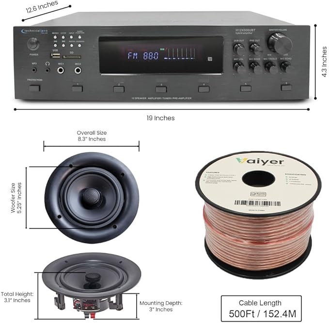 Vaiyer Home Audio System Kit, 6-Channel 6000 Watts Bluetooth Amplifier w/ 5.25" 10 QTY of 175 W Each Frameless in-Ceiling Speakers & 16 AWG 500 ft Speaker Wire - Perfect for Home/Office/Bar/Restaurant
