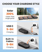 SOARAISE Wireless Solar Power Bank, 25000mAh Solar Charger with Built-in 3 Cables, Dual Outputs, 4 Solar Panels & 3 LED Flashlights, Portable Phone Charger for Outdoor Camping（Black）