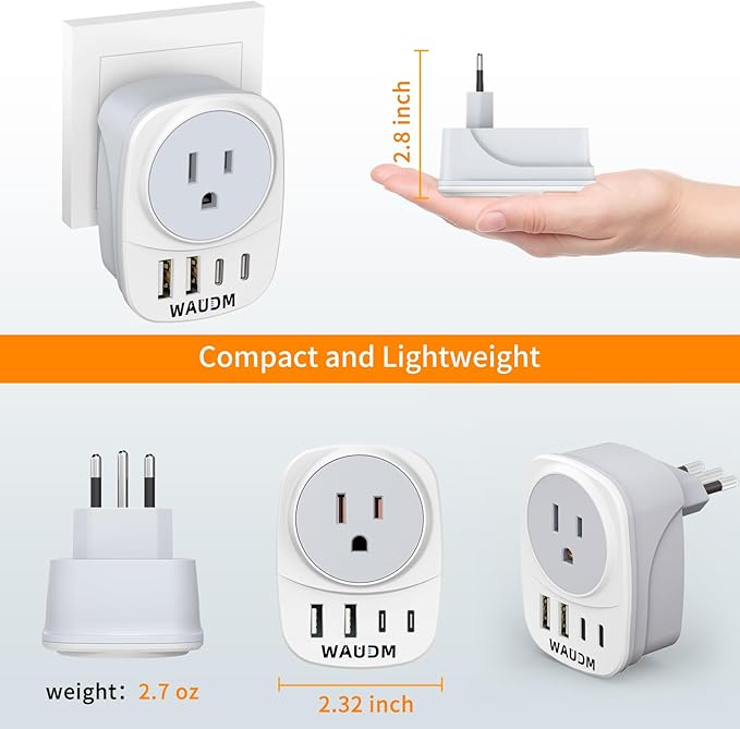 2 Pack Italy Travel Power Adapter, Italy Travel Plug Adapter with 2 USB and 2 USBC Ports, L-Shaped 3-Pin Ground Plug for USA to Italy Uruguay Chile Rome