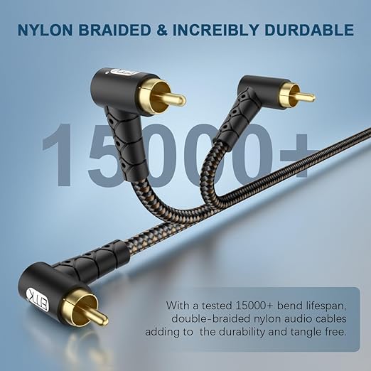 EMK 90 Degree RCA Subwoofer Cable 24K Gold-Plated Connector Nylon Braided Double Shielded – Support Digital & Analog Signals for Amplifier, Home Theater, Hi-Fi System,Subwoofer Black/25ft/8m