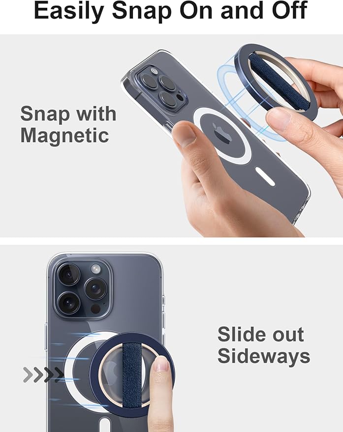 EWA MagOne Solo Phone Grip with Replaceable Elastic Finger Loop, Removable Magnetic Ring Holder Loop, Accessories for iPhone 16,15, 14, 13 Pro/Max/Plus, No Stand-Blue