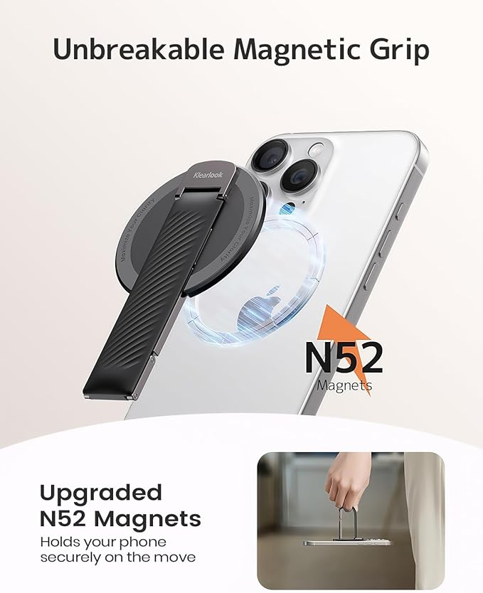 2025 Klearlook for MagSafe Phone Grip with Silicone Finger Strap, Removable Magnetic Phone Ring Holder with Adjustable Kickstand, Finger Phone Ring Grip for iPhone 16/15/14/13/12 Series, Black