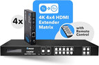 OREI Professional 4K 4x4 HDMI Extender Matrix - HDBaseT UltraHD 4K @ 60Hz 4:2:0 Over Single CAT5e/6/7 Cable with HDR Switcher & IR Control, RS-232 - Up to 230 Ft - Loop Out - 4 Receivers Included