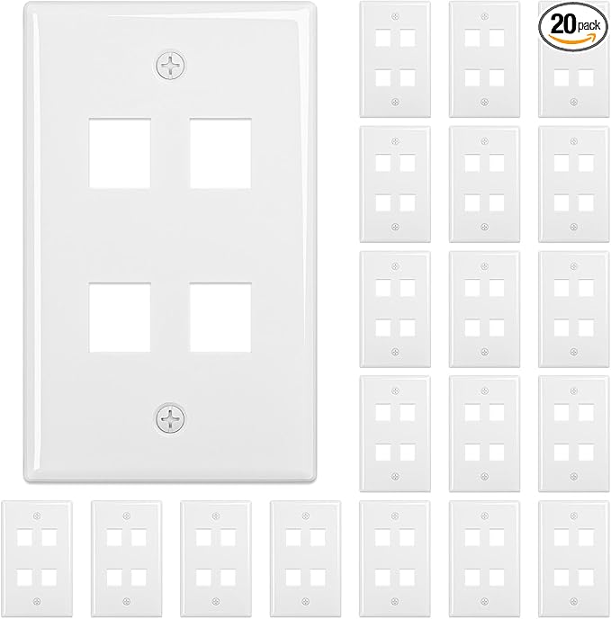 FGB 4-Port Keystone Wall Plate 20-Pack, Low-Profile Single Gang Wall Plates for RJ45, HDMI, and Coax Keystone Inserts, White