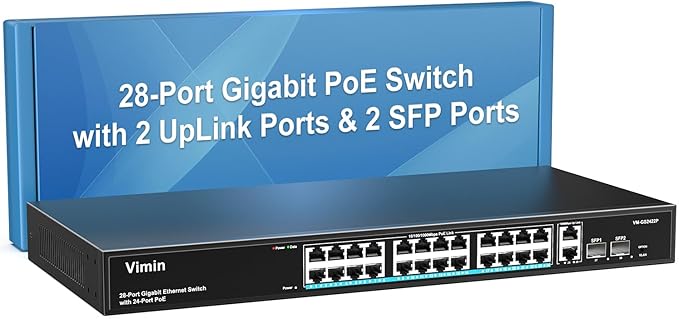 VIMIN 24 Port Gigabit PoE Switch with 2 Uplink Gigabit & 2 SFP Ports, 24-Port Ethernet PoE Switch Unmanaged w/ 320W High Power, Support IEEE802.3af/at, VLAN, Rack-Mount, Sturdy Metal Housing