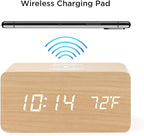 OCT17 Alarm Clock with Qi Wireless Charging Pad Compatible with iPhone Samsung Wood LED Digital Clock Sound Control Function, Time Date, Temperature Display for Bedroom Office Home - Wood