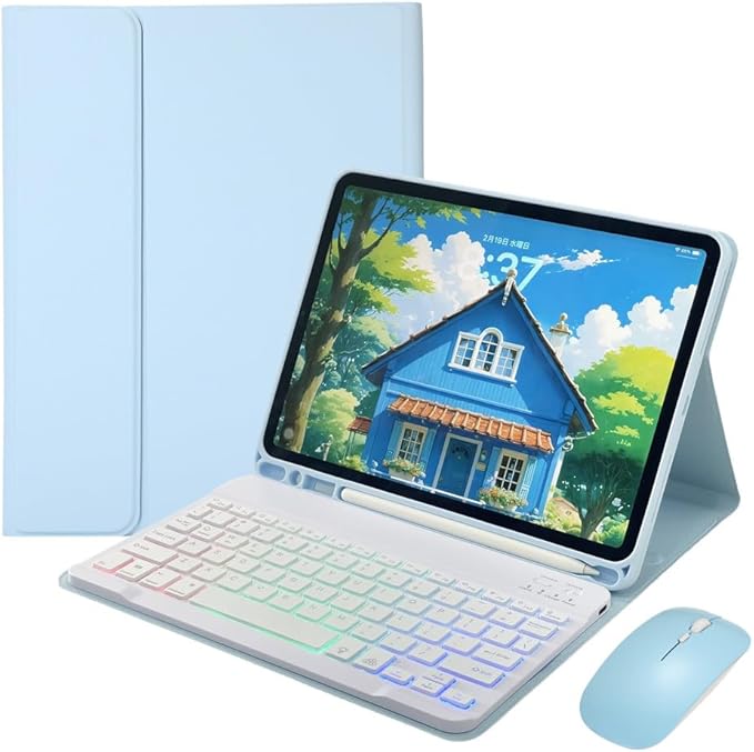 for iPad 9.7 inch 6th/5th Generation, Air 2, Air, iPad Pro 9.7 Keyboard Case with Mouse and Rainbow Backlit Detachable Bluetooth Keyboard Cover,Light Llue