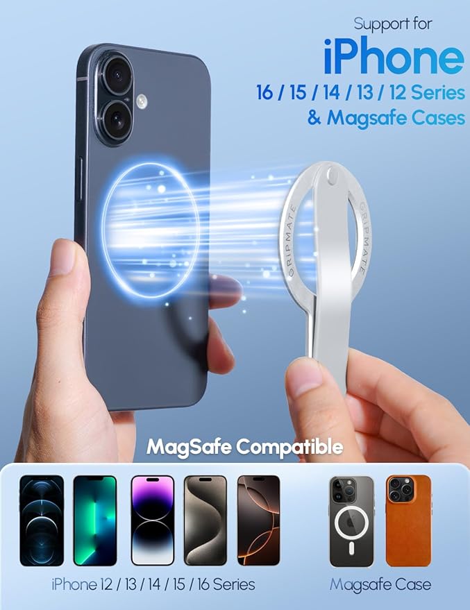 MagSafe Phone Grip for iPhone - Magnetic Phone Ring Holder Detachable for iPhone 16 - Comfortable Finger Phone Loop Grip for Apple 15/14/13/12, Silver