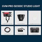 GVM 300C RGB Video Light, 300W Studio Light 2000K-10000K,48,200 Lux@ 1m with Reflector Photography Lighting with Bowens Mount & DMX Control, Studio Light for Film Recording,16 Lighting Effects