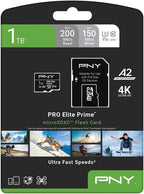 PNY 1TB PRO Elite Prime C10 U3 V30 A2 microSDXC Flash Memory Card – Ultra-Fast Speeds, Read 200MB/s, Write 150MB/s, 4K UHD, Full HD, UHS-I, for Smartphones, Drones, Action Cameras