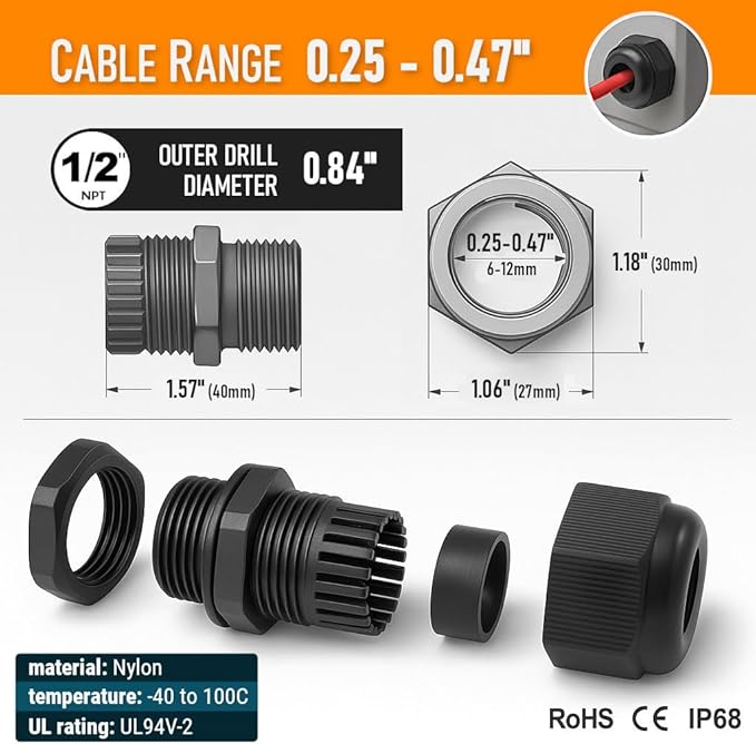MGI SpeedWare 1/2" NPT Strain Relief Nylon Cord Grip Cable Glands, Black Plastic Grommet 20-Pack