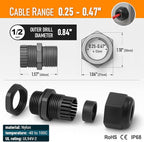 MGI SpeedWare 1/2" NPT Strain Relief Nylon Cord Grip Cable Glands, Black Plastic Grommet 20-Pack