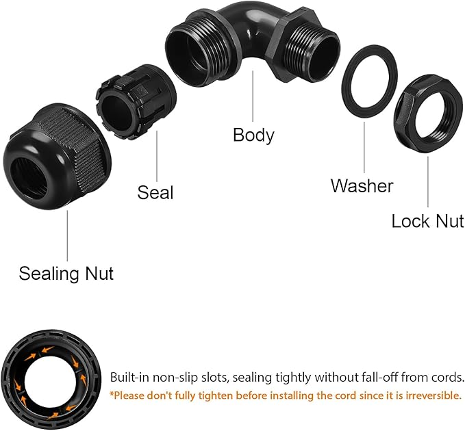 LeMotech M40 Cable Gland, 90 Degree Adjustable 26-33mm Cable Range Strain Relief, Cord Connectors Nylon Joints with Gaskets, 2 Pcs, Black