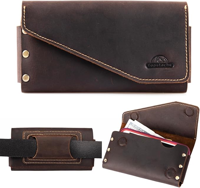 Topstache Leather Phone Holster with Belt Loop, Magnetic Closure Cell Phone Pouch Card Holder Wallet, Handmade Holder for iPhone 13 Pro Max, S22 Ultra, Dark Brown