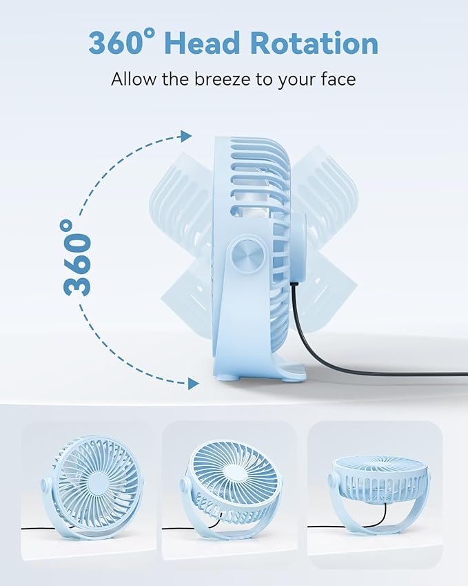 USB Desk Fan, 5 Inch Mini Portable, 3 Speeds Strong Airflow Personal Desktop, Detachable Cooling Fan 360° Rotation Quiet Small Fan for Desk Home Office Travel Car, Blue, 5ft Cable