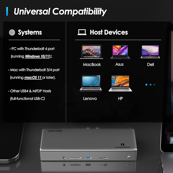 Thunderbolt 4 Dock, WAVLINK Docking Station with Quad 4K@60Hz Monitors, Four Thunderbolt 4 Ports, 98W PD, 2.5G RJ45 Ethernet, SD V4.0, 10Gbps USB3.1, for MacBook Pro/Air etc