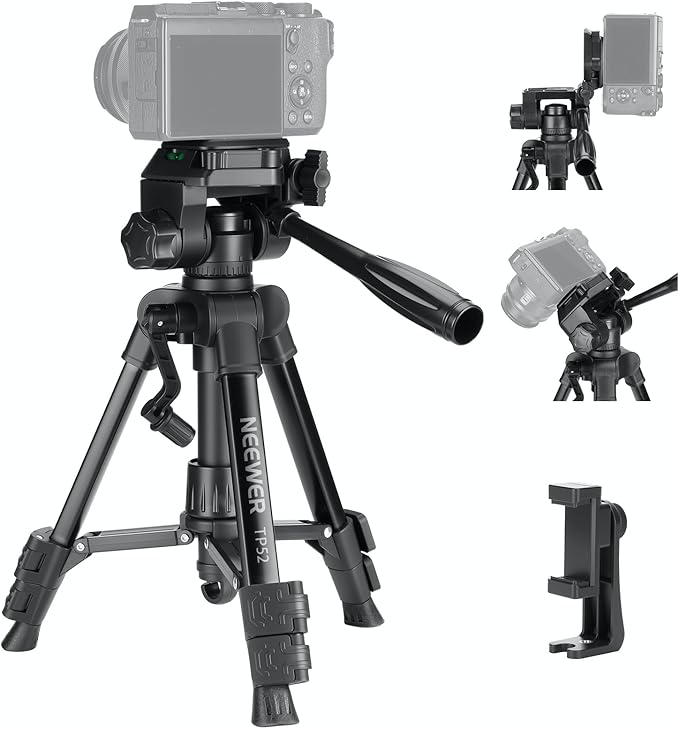 NEEWER Entry Level Version Mini Desk Phone Tripod Compatible with iPhone for Video Recording, Small Compact Table Top DSLR Camera Camcorder Webcam Stand, 3 Way Pan Tilt Head & Cell Phone Holder, TP52