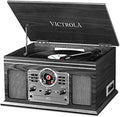 Victrola The Quincy 6-in-1 Bluetooth Record Player & Multimedia Center with Built-in Speakers – 3-Speed Turntable, CD & Cassette Player, AM/FM Radio, Wireless Music Streaming (Grey Wood)