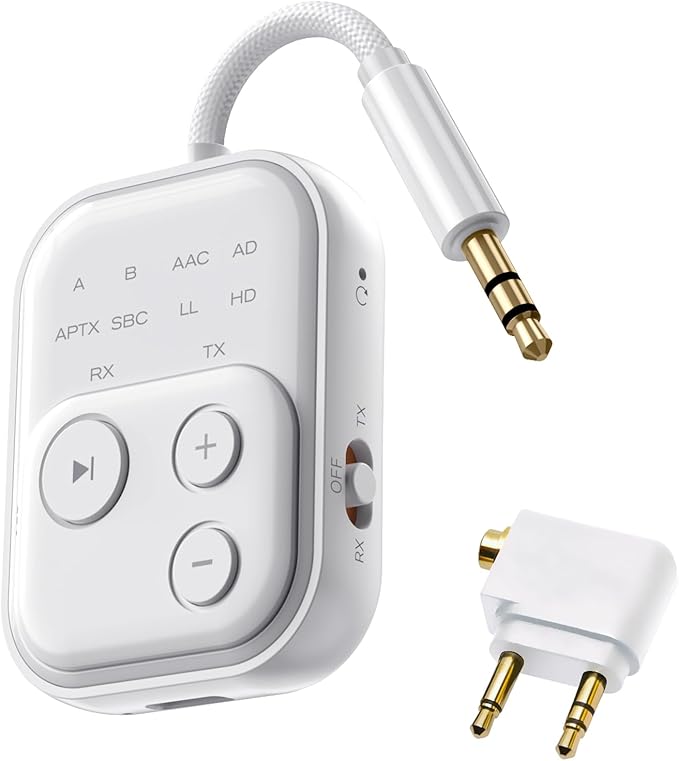 Bluetooth Wireless Transmitter/Receiver Adapter,Supports 2 Headphones，2-in-1 Bluetooth Transmitter Receive with aptX Low Latency,3.5mm Aux Audio Jack Adapter for Airplane/Gym/Car Home Stereo System