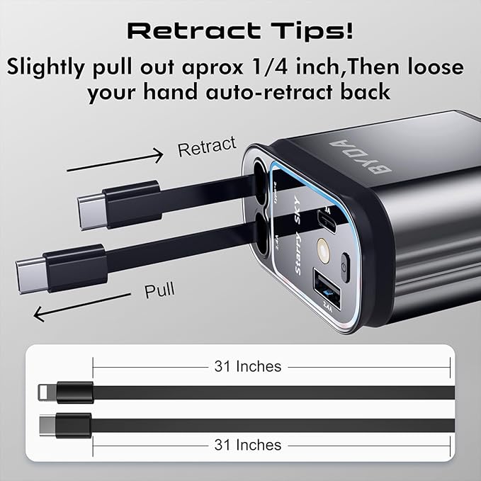 Fast Car Charger 4 in 1 Retractable Car Charger 69W with Starry Light,USB-C Fast Car Accessories,Compatible with All iPhones All Android Phones (Grey, Dual Cord USB-C)