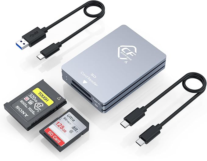 CFexpress Type A and SD Dual-Slot Memory Card Reader, 10Gbps USB 3.2 Gen 2 Type A CFexpress Adapter Memory Card Reader with USB C to USB C/USB A Cable,Compatible with Windows/Mac/Linux/Android