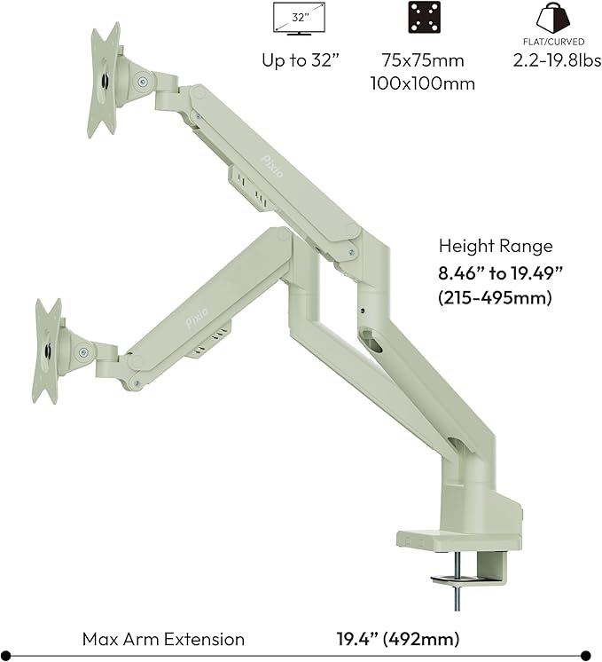Pixio PS1D Wave Mint Dual Monitor Arm Stand Desk Mount - Fits up to 32 inches Monitors and up to 19.8lbs. VESA Compatibility and Integrated Cable Management
