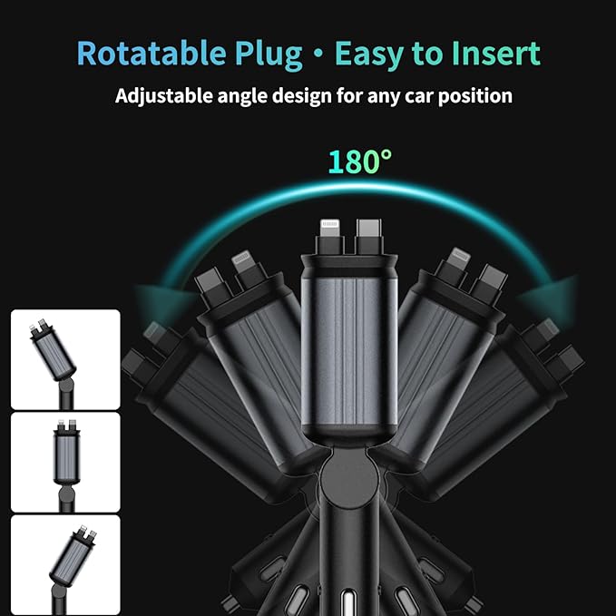 MLVOC Starlight Retractable 66W USB C Car Charger, 4-in-1 Fast Charging Adapter with Dual USB Ports, PD & QC 3.0 for iPhone, Samsung, Android (Black)