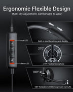USB Headset with Microphone for PC - Lightweight Single-Ear Computer Headset, Crystal Clear Sound & Comfort Fit, Flexible Steel Headband (3.5mm+USB)
