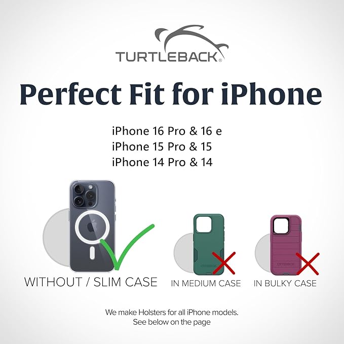 Turtleback Belt Holder for iPhone 16 Pro, 16e, 15 Pro 14 Pro 13 Pro -Small- Fits w/Slim MagSafe Style Cases, Premium Black Leather Vertical Belt Holster Magnetic Closure Leather Wrapped Belt Clip