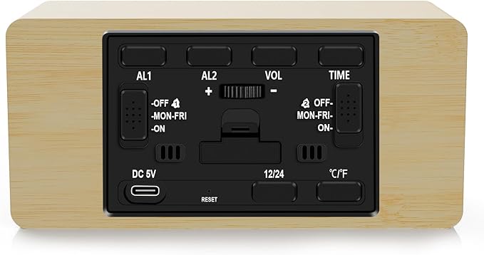MOSITO Digital Wooden Alarm Clock with Wireless Charging, 0-100% Dimmer, Dual Alarm, Weekday/Weekend Mode, Snooze, Wood LED Clocks for Bedroom, Bedside, Desk, Kids (Bamboo)
