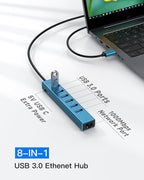 7 Ports USB 3.0 Hub, USB to Network HUB with 3.9ft Long Cable for Laptop, USB Splitter with Gigabit Ethernet Port and 5V/3A Power Port, MultiPort Aluminum Hub for iMac, PC, Flash Drives (Blue)