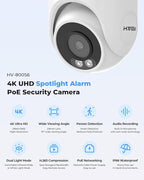 H.VIEW 4K Security Camera System, 4pcs H.265 PoE Wired Turret Cameras with Person Detection, 4K/8MP 8CH NVR with 3TB HDD for 24-7 Recording,Trigger Color Night Vision, Email Alert, AI Human