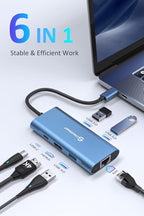 UtechSmart USB C Hub, Ethernet Multiport Adapter 6 in 1 USB C to HDMI Dock Compatible for MacBook Pro/Air, Chromebook, Dell XPS, HP and Type C Devices (Gigabit Ethernet 100W PD 4K HDMI USB 3.0) Blue