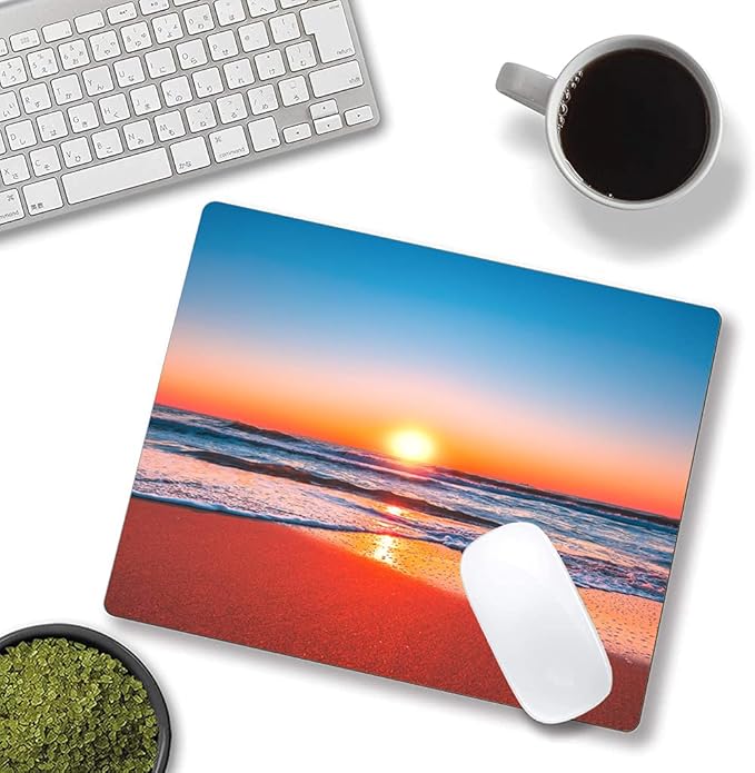 Beach Sunrise Mouse Pad, Seaside Wave Sunset Mouse Pad Custom Design, Square Waterproof Mouse Pad Non-Slip Rubber Base MousePads for Office Laptop, 9.5 inchx7.9 inchx0.12 inch Inch