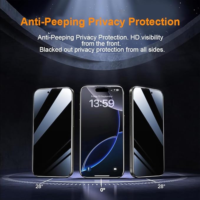 OneFish Privacy Screen Protector for IPhone 15 Pro Anti-Spy Tempered Glass Dust-Free Bubble-Free Anti-Fingerprint 9H Scratch Protection & Hassle-Free Installation Frame [2-Pack]