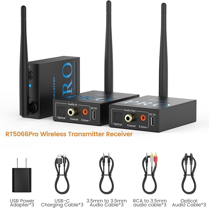 1Mii 3-in-1 2.4Ghz Wireless Audio Transmitter Receiver for 2 Subwoofer/Active Speaker/Power Amplifier, 20ms Low Latency, 320ft Range, Optical/Coaxial/3.5mm(RCA) Audio Input/Output