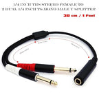 1/4 TRS Female to Dual 1/4 TS Y Splitter Cable Adapter, 1/4" Female TRS to Dual 6.35mm TS Male Adapter, 6.35mm 1/4 Inch Female to Two 6.35mm 1/4 inch TS Stereo Breakout Cable - 1 ft