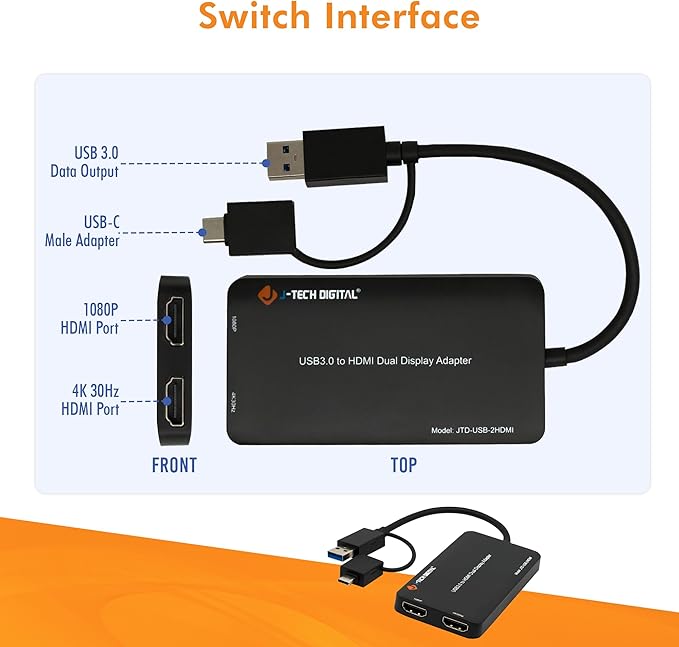 J-Tech Digital USB C to HDMI Adapter 4K 30Hz 1080P 60Hz, Dual Monitor Adapter USB-A or USB-C in, USB Powered, Mirror Extend Rotation Clamshell Modes [JTD-USB-2HDMI]
