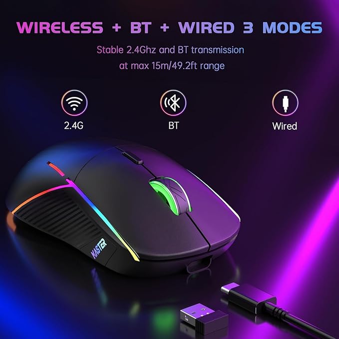 FFJ Wireless Gaming Mouse, 24000 DPI, Tri-Mode 2.4G/USB-C/Bluetooth 5.3 Gaming Mouse Wireless, RGB Programmable Mouse Gamer, 75Hrs Battery Life, Rechargeable Gaming Mice for PC, Mac, Xbox - Black