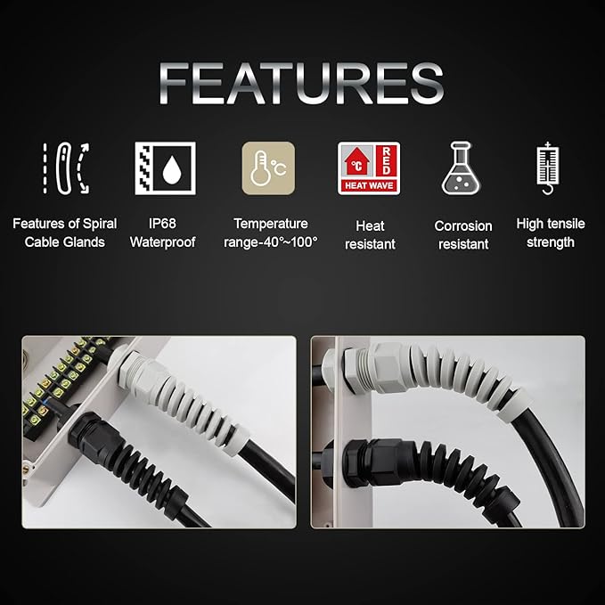 LeMotech 50Pcs NPT 1/2" IP68 Waterproof Cable Gland Flex Spiral Strain Relief Black Nylon Joint with Gaskets for 6-12mm Wire Thread